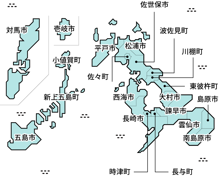 長崎県21市区町村エリアの広域地図