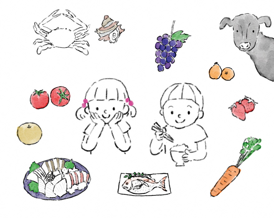 子どもが果物に囲まれている画像