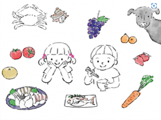 子どもが食べ物に囲まれている画像
